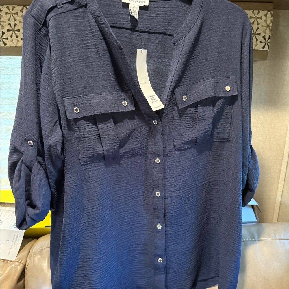 Navy Button-Up Blouse